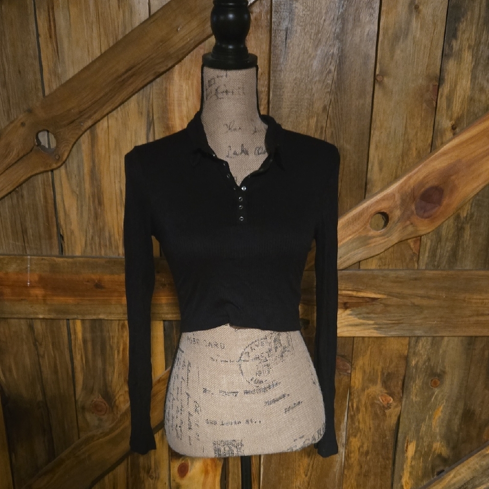FP Soft Black Button-Up Crop Top